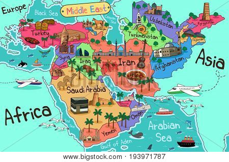 A vector illustration of Middle East Countries Map in Cartoon Style