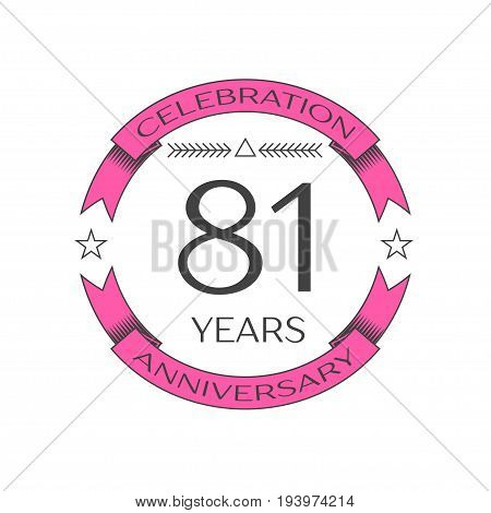 Realistic eighty one years anniversary celebration logo with ring and ribbon on white background. Vector template for your design