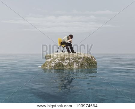 Young man thoughtfully sits on a chair in the middle of the ocean. This is a 3d render illustration