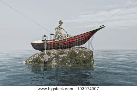 The skeleton of a man in a boat on a rock. This is a 3d render illustration