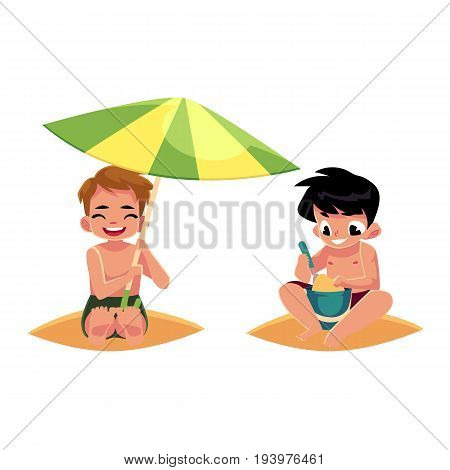 Two boys playing on the beach - one filling bucket, another hiding under umbrella, cartoon vector illustration isolated on white background. Boys, children, kids playing on the beach, summer vacation