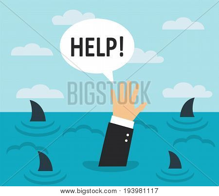 Businessman drowning in the sea with sharks. On the surface of the water, a man's hand asks for help