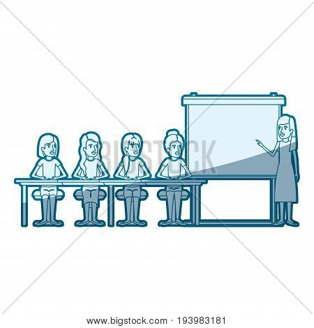 blue color silhouette shading with women group sitting in a desk for executive female in presentacion business people vector illustration