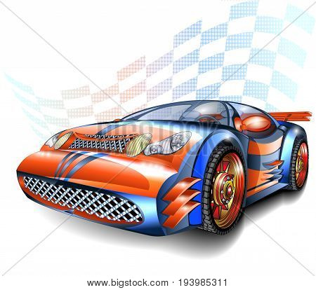 Speeding racing car against the background of a checkered flag
