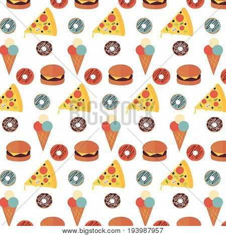 Vector pattern of fast food icons on white background