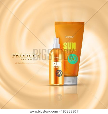 Sun protection cosmetics. Oil spray bottle with UV protection and moisturizing lotion tube. Packaging design. Vector illustration. Cosmetics mockup design.