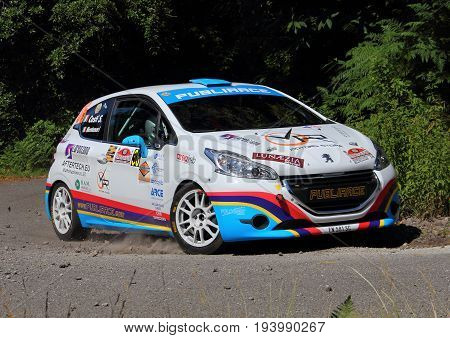 La Spezia Italy - July 2 2017 -Rally Gulf of Poets: The Peugeot 208 of the Montanari-Costi crew during the first special race speed test.