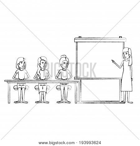 blurred silhouette women group sitting in a desk for executive female in presentacion business people vector illustration