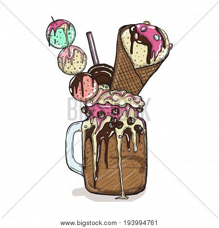 cartoon Style Milkshake with cookies chocolate sweets and ice cream. Hand Drawn Creative Dessert Isolated. Vector illustration.