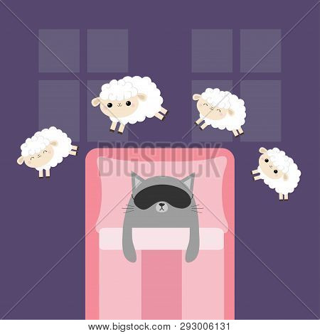 Jumping Sheeps. Cat In Sleeping Mask. Cant Sleep Going To Bed Concept. Counting Sheep. Cute Cartoon 