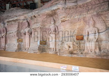 Sakon Nakhon, Thailand, January 19,2019: Golden Pagoda Sculpture, Buddha Statue And Stone Carving At