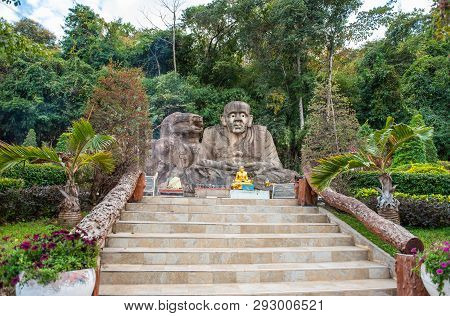 Sakon Nakhon, Thailand, January 19,2019: Golden Pagoda Sculpture, Buddha Statue And Stone Carving At