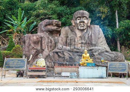 Sakon Nakhon, Thailand, January 19,2019: Golden Pagoda Sculpture, Buddha Statue And Stone Carving At