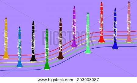 Colorful Clarinets On The Multicolor Stave. Flat Vector Illustration. Music Instruments.