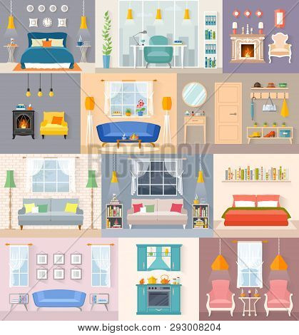 A Set Of Different Interiors In Flat Style. Rooms With Furniture And Accessories. Vector Illustratio