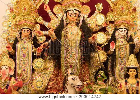 Kolkata, India - October 7, 2016: Potrait Of Goddess Durga Idol At A South Kolkata Famous Durga Puja