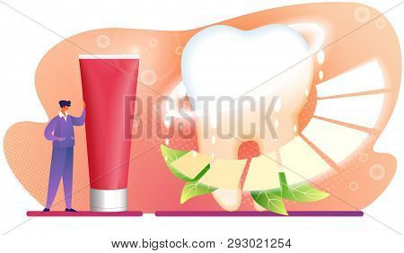 Tiny Faceless Male Character Stand Near Huge Red Toothpaste Tube. Giant Healthy Tooth Shining With H