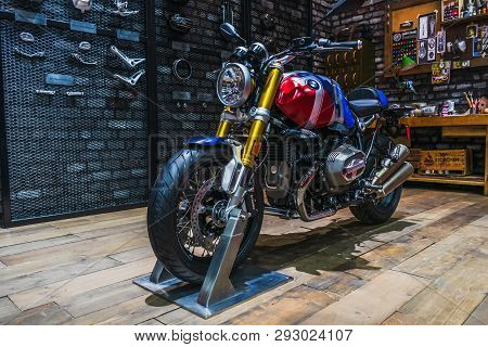 Bangkok, Thailand - March 31, 2019:  Bmw R Nine T Option 719 Naked Roaster Bike Modified On Display 