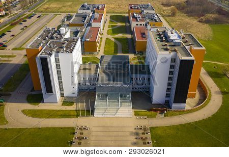 Koszalin, Poland - 30 March 2019 - Aerial View On Politechnika Koszalinska Study Building In City Ko