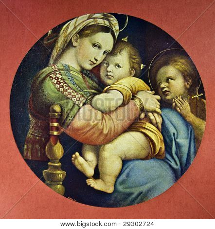 Raffaello Santi (Rafael) "Madonna della Seggiola". Reproduction from illustrated Encyclopedia Â«Art galleries of EuropeÂ», Partnership Â«M. O. WolfÂ», St. Petersburg - Moscow, Russia , 1901