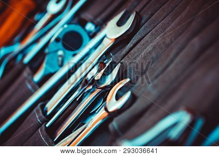 Closeup photo of a set of tools for repair, collection of a different spanners, good tooling for the handyman, best gift for men's day