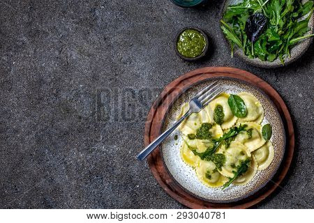 Italian Spinach Ricotta Ravioli, Top View, Black Background, Copy Space, Vegetarian Food, Vegan Ravi