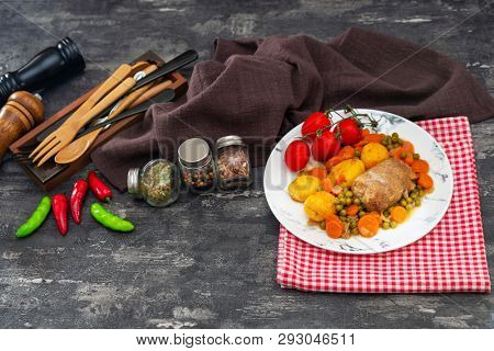 Beef meat stewed with potatoes-Traditional French cuisine Beef Bourguignon potatoes carrots in persillade