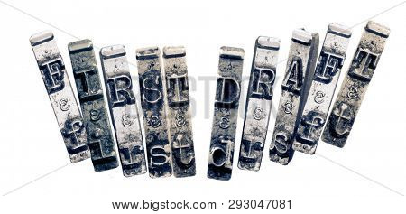 the words   FIRTS DRAFT  with old typwriter keys  monochrome isolated