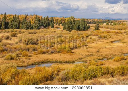 A Scenic Autumn Landscape Int He Wyoming Tetons