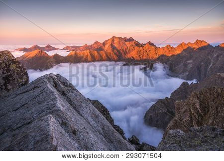 Mountains Landscape With Inversion In The Valley At Sunset As Seen From Rysy Peak In High Tatras, Sl