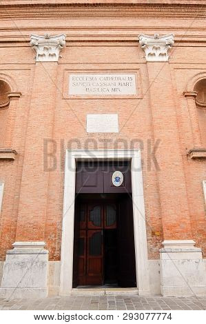 Comacchio, Italy - Circa August 2017. Facade Of Catholic Church (duomo Di San Cassiano).