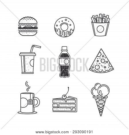 Fast Food Icons, Graphic Design Elements. Black And White Illustration.
