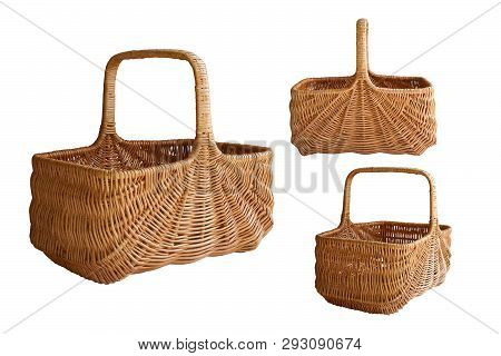 Handmade Wicker Basket Of Withe, Folk Craft. Picnic Food Basket. Isolated, White Background.