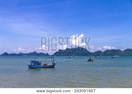 Beach With Fishing Boat Idyllic Blue Sky At Baan Koh Teap Beach At Chumphon Province Thailand Is Fam