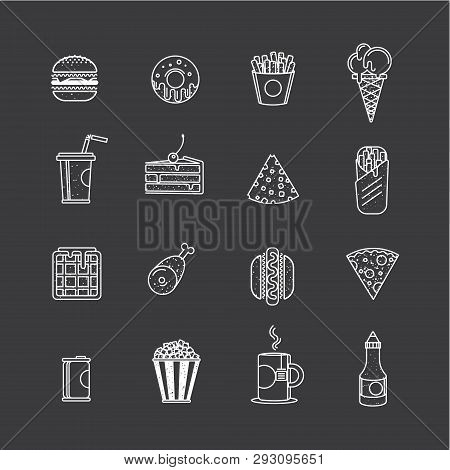 Fast Food Icons, Graphic Design Elements. Black And White Illustration.