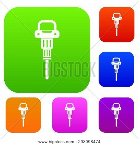 Pneumatic Hammer Set Icon Color In Flat Style Isolated On White. Collection Sings Illustration