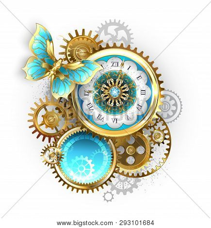 Antique Clock, Decorated With Pattern, With Gold Butterfly And Gold And Brass Gears On White Backgro