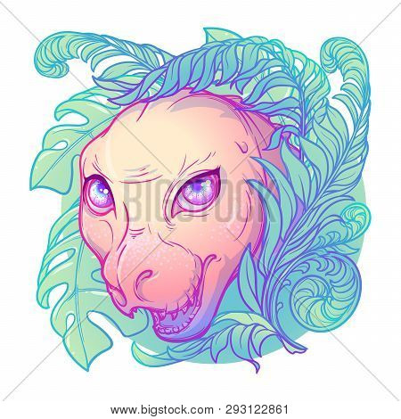 Baby Tirannosaurus Rex Head In A Tropical Lush. Cute Animal Drawing. Eps10 Vector Illustration