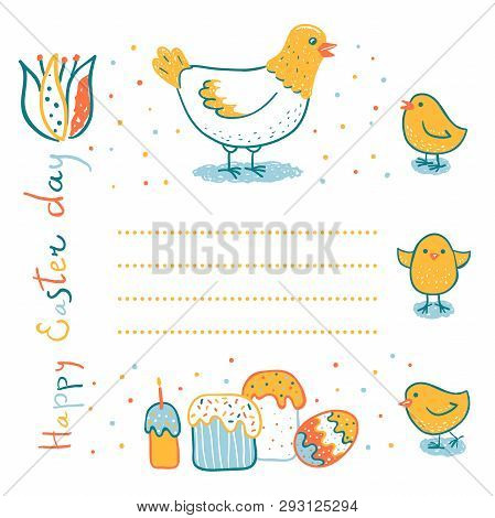 Happy Easter Template With Eggs, Flowers, Chickens And Easter Cake. Place For Text. Useful For Poste