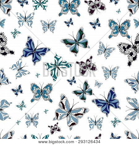 Vector Illustration. Picture On Black, White And Blue Colors. Fashion Fabric Design. Bright Seamless