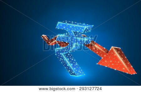 Downtrend Red Arrow, India Rupee Currency, Digital Neon 3d Illustration. Polygonal Vector Business C