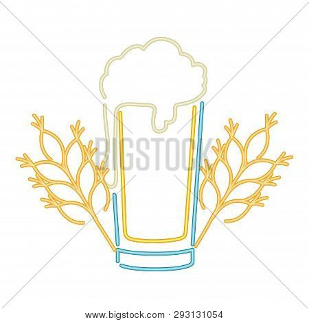 Beer With Foam And Wheat In Neon Light Vector Illustration Desing