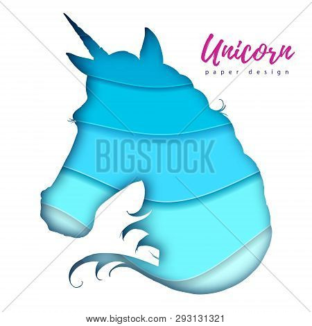 Fantasy Animal Horse Unicorn Silhouette. Cut Out Paper Art Style Design.