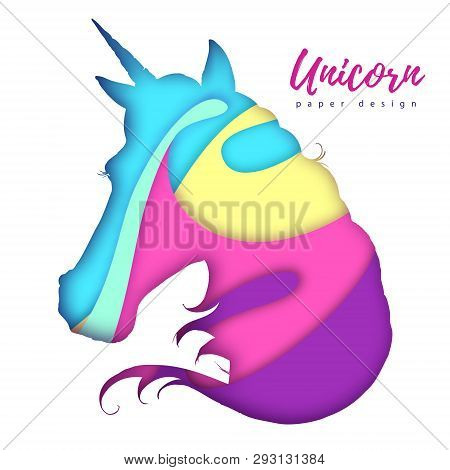 Fantasy Animal Horse Unicorn Silhouette. Cut Out Paper Art Style Design.