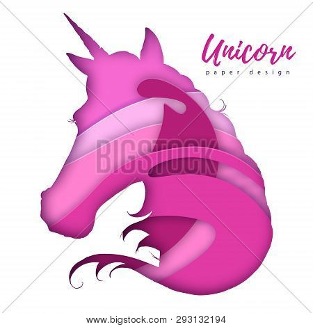 Fantasy Animal Horse Unicorn Silhouette. Cut Out Paper Art Style Design.