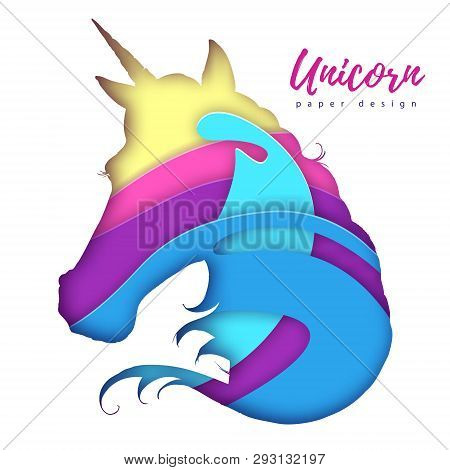 Fantasy Animal Horse Unicorn Silhouette. Cut Out Paper Art Style Design.