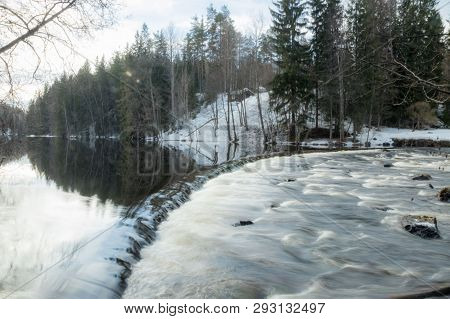 Long Exposure Photo. Dam And Threshold On The River Jokelanjoki, Kouvola, Finland