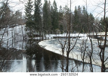 Long Exposure Photo. Dam And Threshold On The River Jokelanjoki, Kouvola, Finland