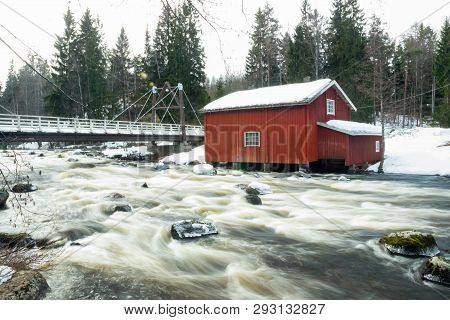 Long Exposure Photo. Dam And Threshold On The River Jokelanjoki, Kouvola, Finland