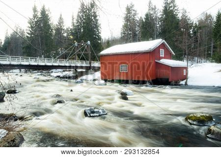 Long Exposure Photo. Dam And Threshold On The River Jokelanjoki, Kouvola, Finland